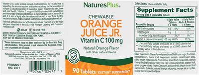 Photo of the NaturesPlus Chewable Orange Juice Jr. Vitamin C 100 mg Natural Orange Flavor label