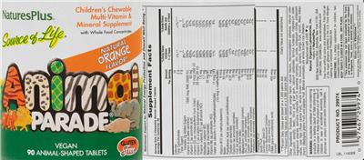 Photo of the NaturesPlus Source of Life Animal Parade Children's Chewable Multi-Vitamin & Mineral Supplement Natural Orange Flavor! label