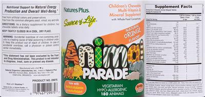 Photo of the NaturesPlus Source of Life Animal Parade Children's Chewable Multi-Vitamin & Mineral Supplement Natural Orange Flavor! label