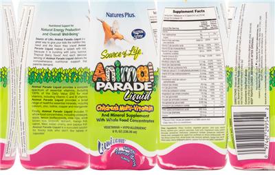 Photo of the Nature's Plus Source of Life Animal Parade Liquid Children's Multi-Vitamin Natural Tropical Berry Flavor label