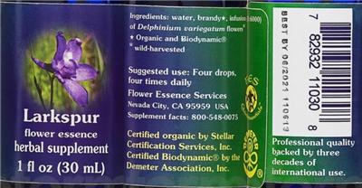 Photo of the Flower Essence Services Larkspur Flower Essence label