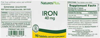 Photo of the NaturesPlus Iron 40 mg label