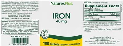 Photo of the NaturesPlus Iron 40 mg label