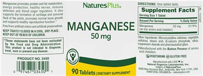 Photo of the NaturesPlus Manganese 50 mg label
