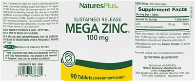 Photo of the NaturesPlus Mega Zinc 100 mg label