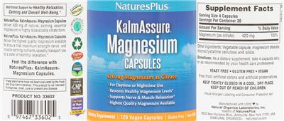 Photo of the NaturesPlus KalmAssure Magnesium Capsules 420 mg label