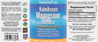 Photo of the NaturesPlus KalmAssure Magnesium Capsules 420 mg label