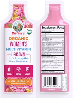 Photo of the Mary Ruth's Organic Women's Multivitamin Liposomal Vanilla Peach label