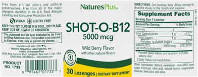 Photo of the NaturesPlus Shot-O-B12 5000 mcg Wild Berry Flavor label