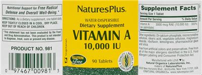 Photo of the NaturesPlus Vitamin A 10,000 IU label