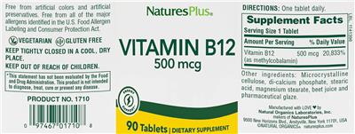 Photo of the NaturesPlus Vitamin B12 500 mcg label
