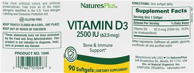 Photo of the NaturesPlus Vitamin D3 2500 IU (62.5 mcg) label