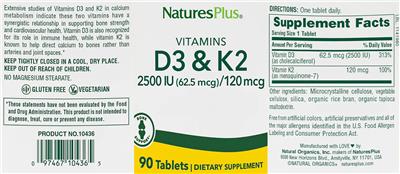Photo of the NaturesPlus Vitamins D3 2500 IU (62.5 mcg) & K2 120 mcg label