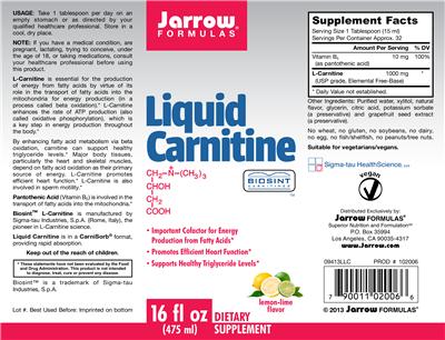 Photo of the Jarrow Formulas Liquid Carnitine Lemon-Lime Flavor label
