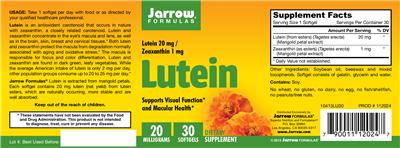 Photo of the Jarrow Formulas Lutein 20 mg label