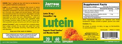 Photo of the Jarrow Formulas Lutein 20 mg label