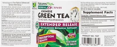 Photo of the Natures Plus Herbal Actives Chinese Green Tea 750 mg Extended Release label