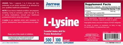 Photo of the Jarrow Formulas L-Lysine 500 mg label