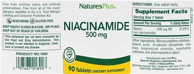 Photo of the NaturesPlus Niacinamide 500 mg label