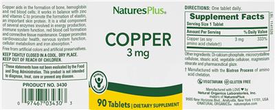 Photo of the NaturesPlus Copper 3 mg label