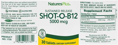 Photo of the NaturesPlus Shot-O-B12 5000 mcg label