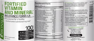 Photo of the Bronson Fortified Vitamin and Mineral Insurance Formula label