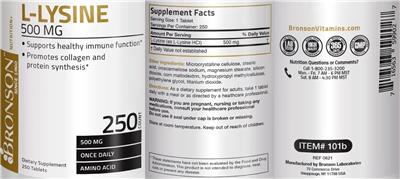 Photo of the Bronson L-Lysine 500 mg label