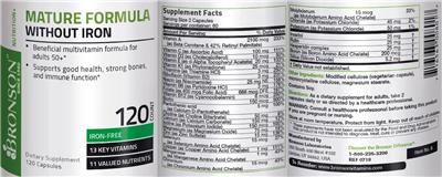 Product label for Mature Formula without Iron