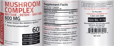 Photo of the Bronson Mushroom Complex 600 mg label