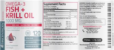Photo of the Bronson Omega-3 Fish + Krill Oil 1000 mg label