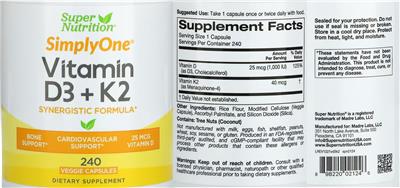 Photo of the Super Nutrition SimplyOne Vitamin D3 + K2 label