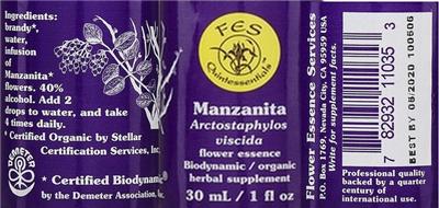 Photo of the Flower Essence Services Manzanita Flower Essence label