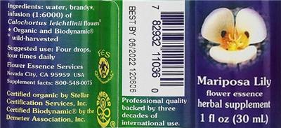 Photo of the Flower Essence Services Mariposa Lily Flower Essence label