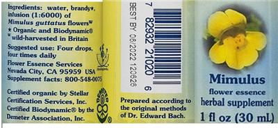 Photo of the Flower Essence Services Mimulus Flower Essence label