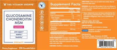Photo of the The Vitamin Shoppe Glucosamine Chondroitin MSM Raspberry label