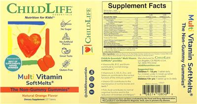 Photo of the ChildLife Essentials Multi Vitamin SoftMelts Natural Orange Flavor label