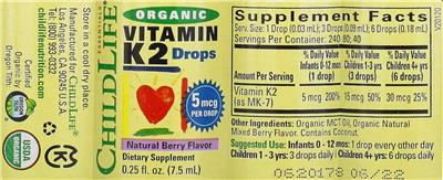 Photo of the ChildLife Essentials Organic Vitamin K2 Drops 5 mcg Natural Berry Flavor label