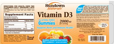 Photo of the Sundown Naturals Vitamin D3 Gummies 2000 IU label