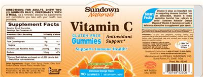 Photo of the Sundown Naturals Vitamin C Gummies Delicious Orange Flavor label