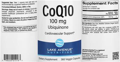 Photo of the Lake Avenue Nutrition CoQ10 100 mg label