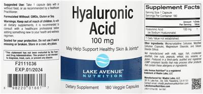 Photo of the Lake Avenue Nutrition Hyaluronic Acid 100 mg label