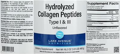 Photo of the Lake Avenue Nutrition Hydrolyzed Collagen Peptides Type I & III Unflavored label