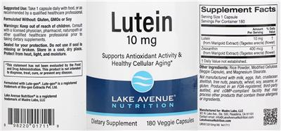 Photo of the Lake Avenue Nutrition Lutein 10 mg label