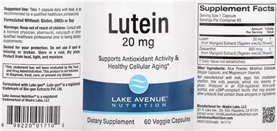 Photo of the Lake Avenue Nutrition Lutein 20 mg label