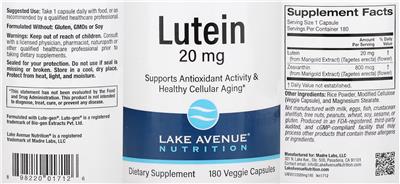 Photo of the Lake Avenue Nutrition Lutein 20 mg label