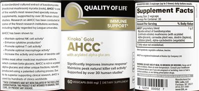 Photo of the Quality of Life Kinoko Gold AHCC 500 mg label