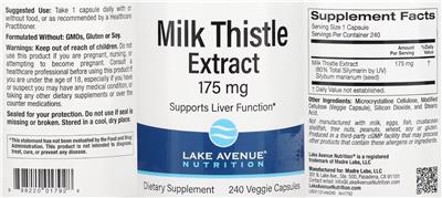Photo of the Lake Avenue Nutrition Milk Thistle Extract 175 mg label