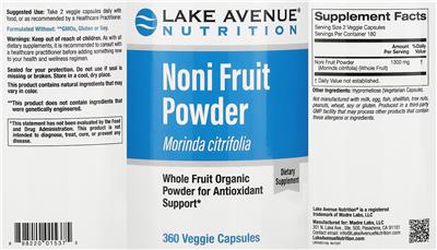 Photo of the Lake Avenue Nutrition Noni Fruit Powder label