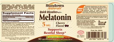 Photo of the Sundown Naturals Quick Dissolve Melatonin 5 mg Cherry Flavor label