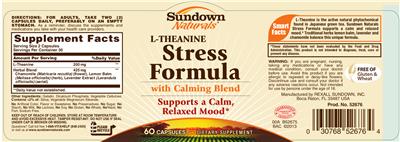 Photo of the Sundown Naturals L-Theanine Stress Formula with Calming Blend label